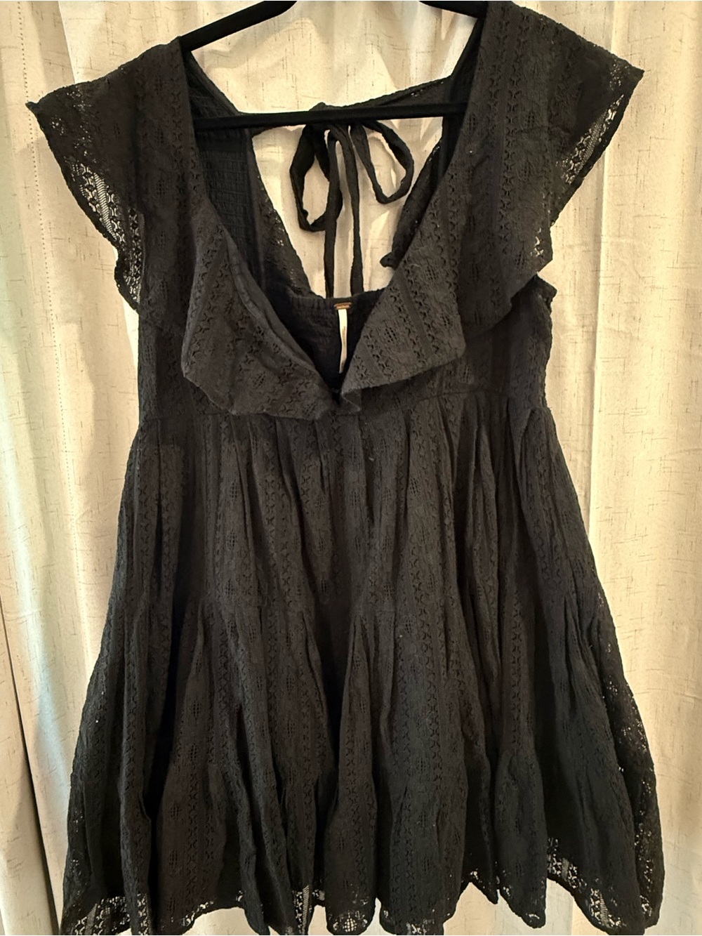 Free People Black Lace Flutter Mini Dress with Tie Back